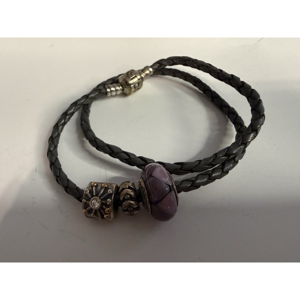 Pandora 925 Braided Double-Wrap Leather Bracelet Charms 2 Retired Charms
